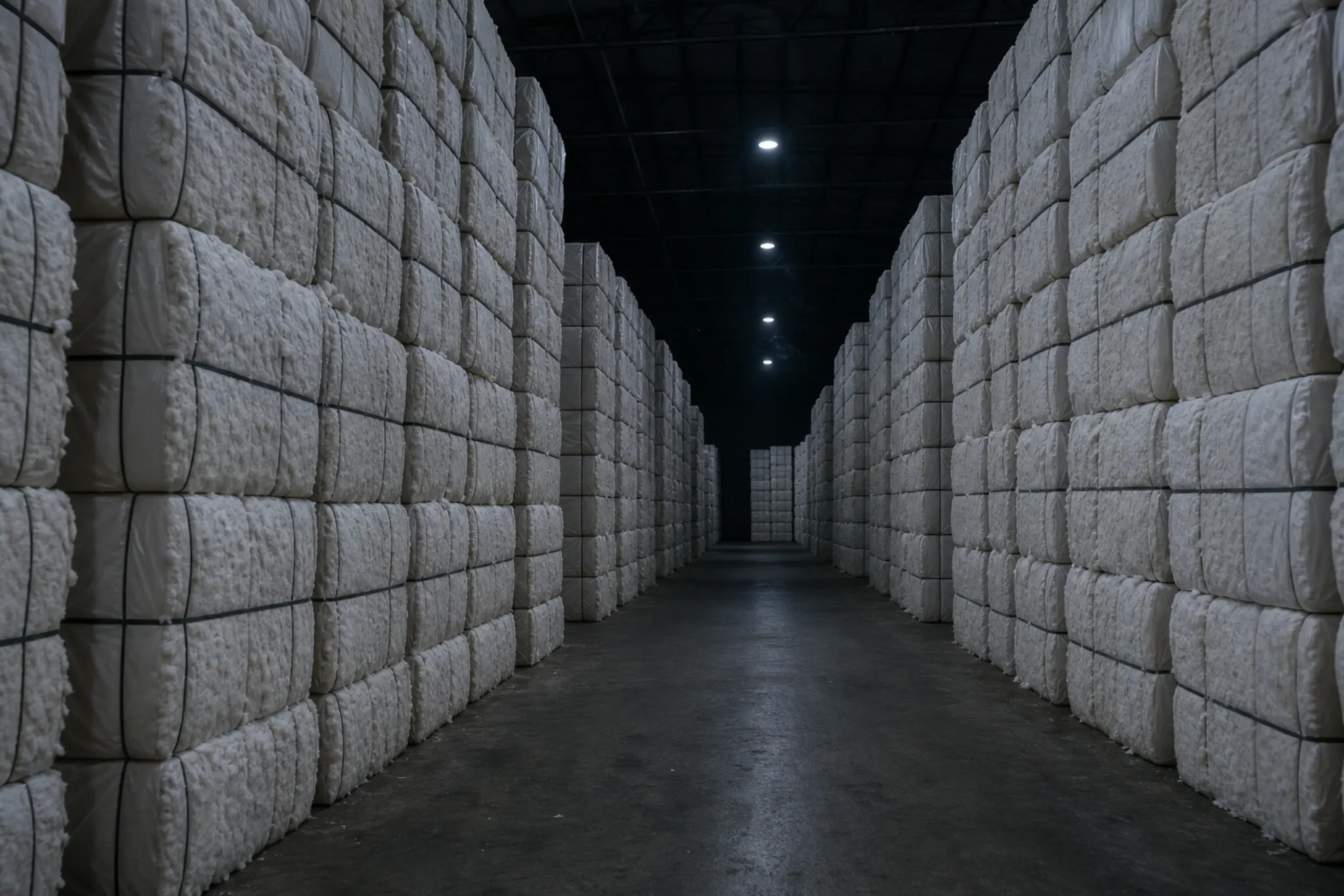 Pressed cotton bales stacked head-high down both sides of a warehouse aisle.